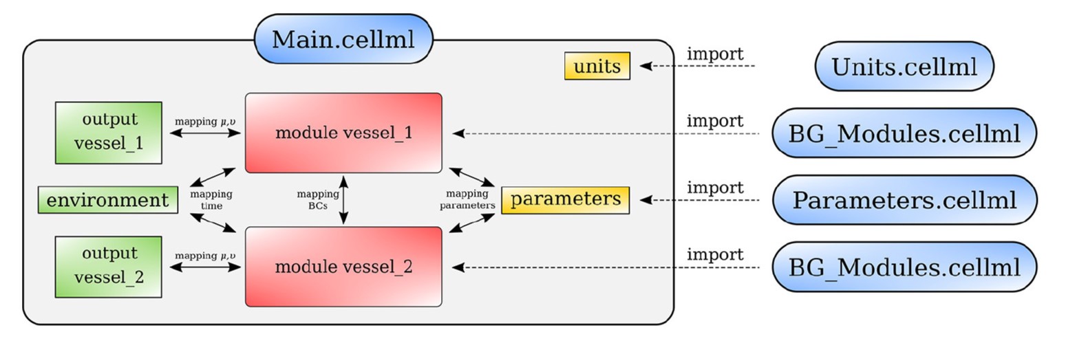 Arrangement of the cardiovascular model showing the CellML scripts involved. Main.cellml imports components from the other scripts and constructs the systemic model through mapping of variables between components. For the closed loop model including the cerebral circulation, the main script is named as main_ADAN-218.cellml.