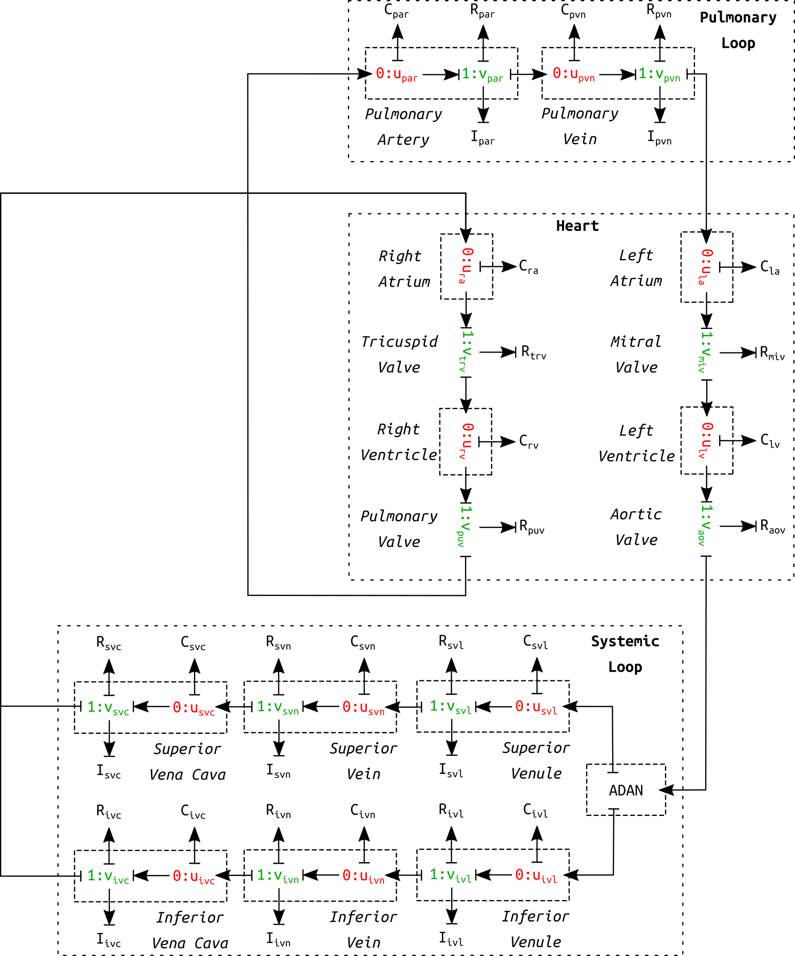 Schematic diagram of the circulation model. This is a correction of figure 10 in the primary paper. The circulation model contains six venous vessel segments in the systemic loop as opposed to only one.