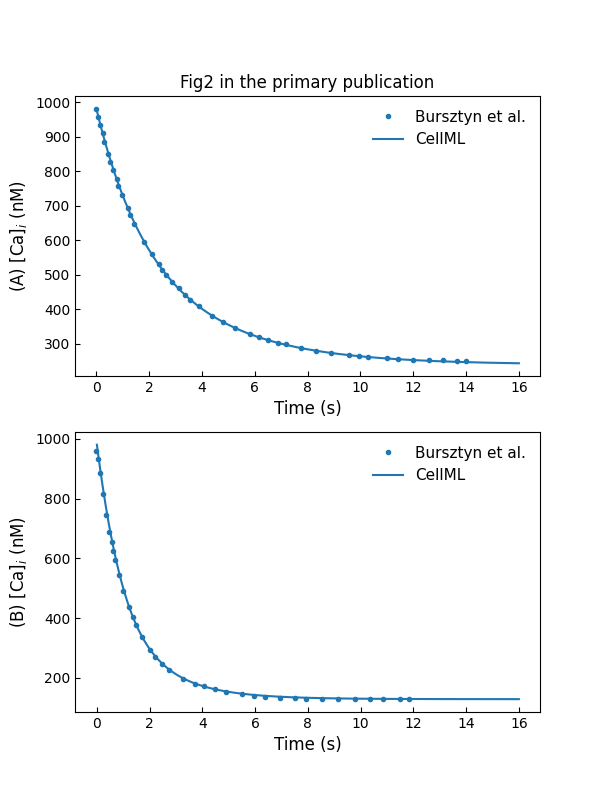 Simulations of [Ca_{i}^{2+}] decay (in nM). A: under inhibition of Ca^{2+} pumps. B: in control conditions (c.f., Fig. 2 in ).