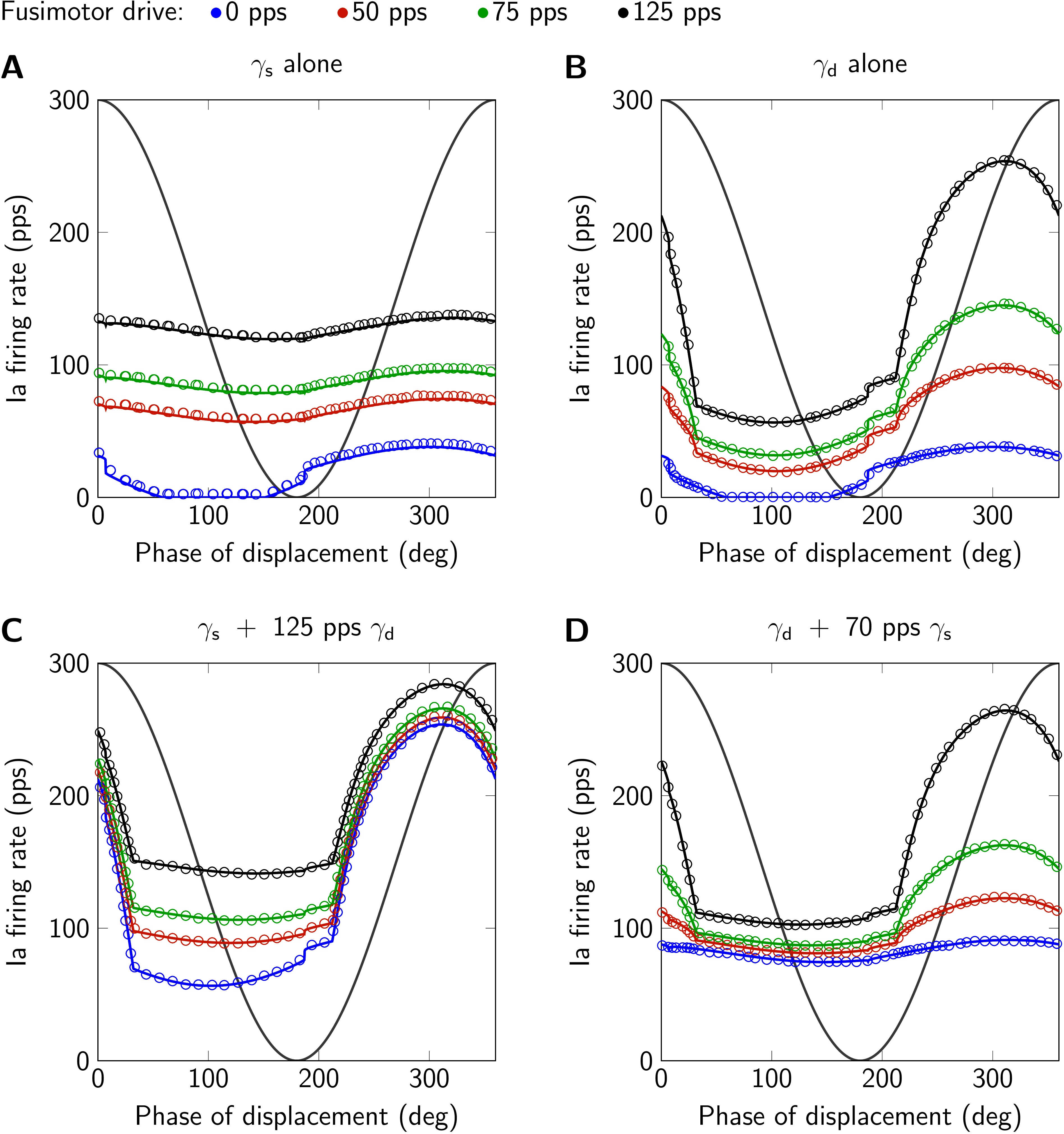 Model responses (solid lines) to sinusoidal stretch and results from , their Fig. 5 (circles). The displacement is qualitatively shown in gray (1.4 mm peak-to-peak sinusoidal stretch, mean displacement 4 mm, frequency 1 Hz, second of two cycles). A: only static fusimotor drive (\gamma_\mathrm{s}). B: only dynamic fusimotor drive (\gamma_\mathrm{d}). C: static fusimotor drive against a tonic background of dynamic fusimotor drive. D: dynamic fusimotor drive against a tonic background of static fusimotor drive. Ia firing rate and fusimotor drive are given in pulses per second (pps). This figure is created by running Fig02.m.